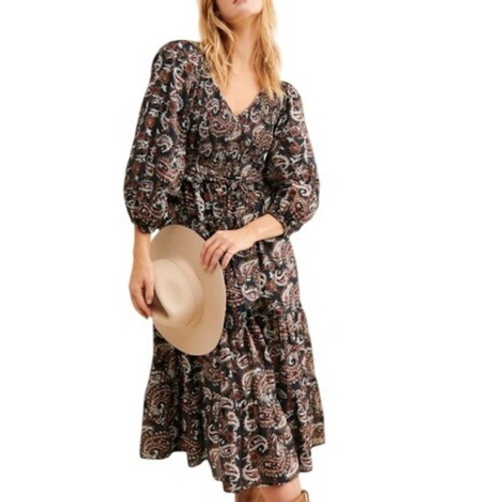 Cleobella Carly Paisley Smocked Tiered Midi Dress‎ Size S 100% Organic Cotton